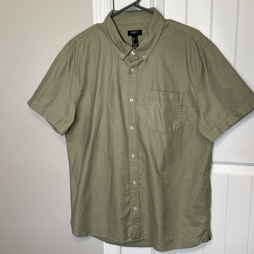 Forever 21 Mens Large Sage Green Short Sleeve Button Up Shirt Casual Top Linen-L
